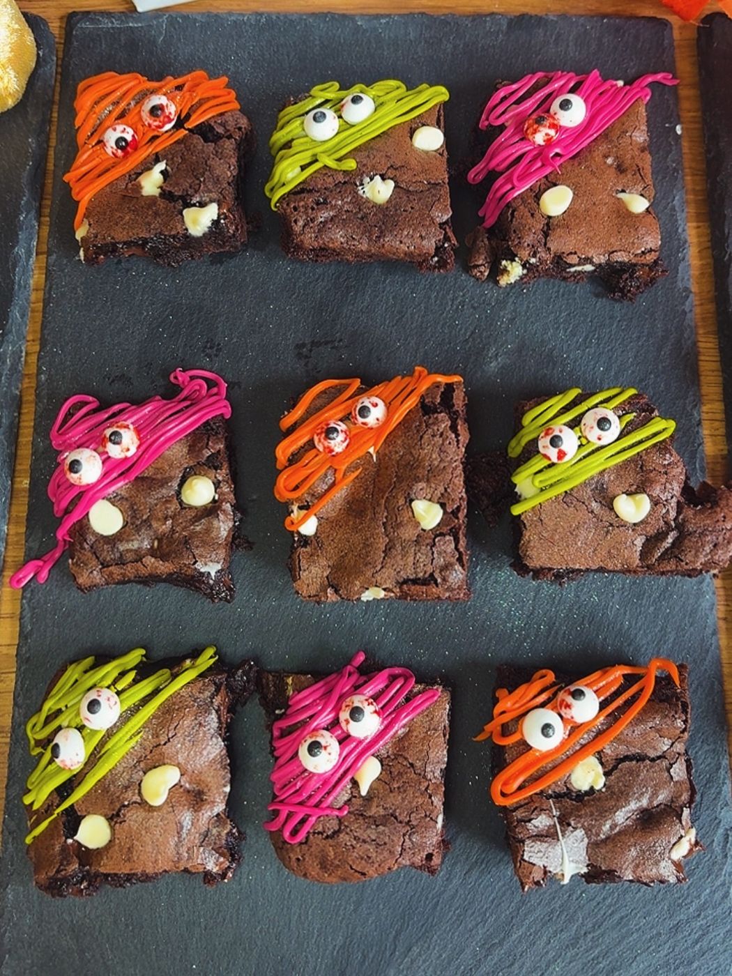 A tray of decorated brownies